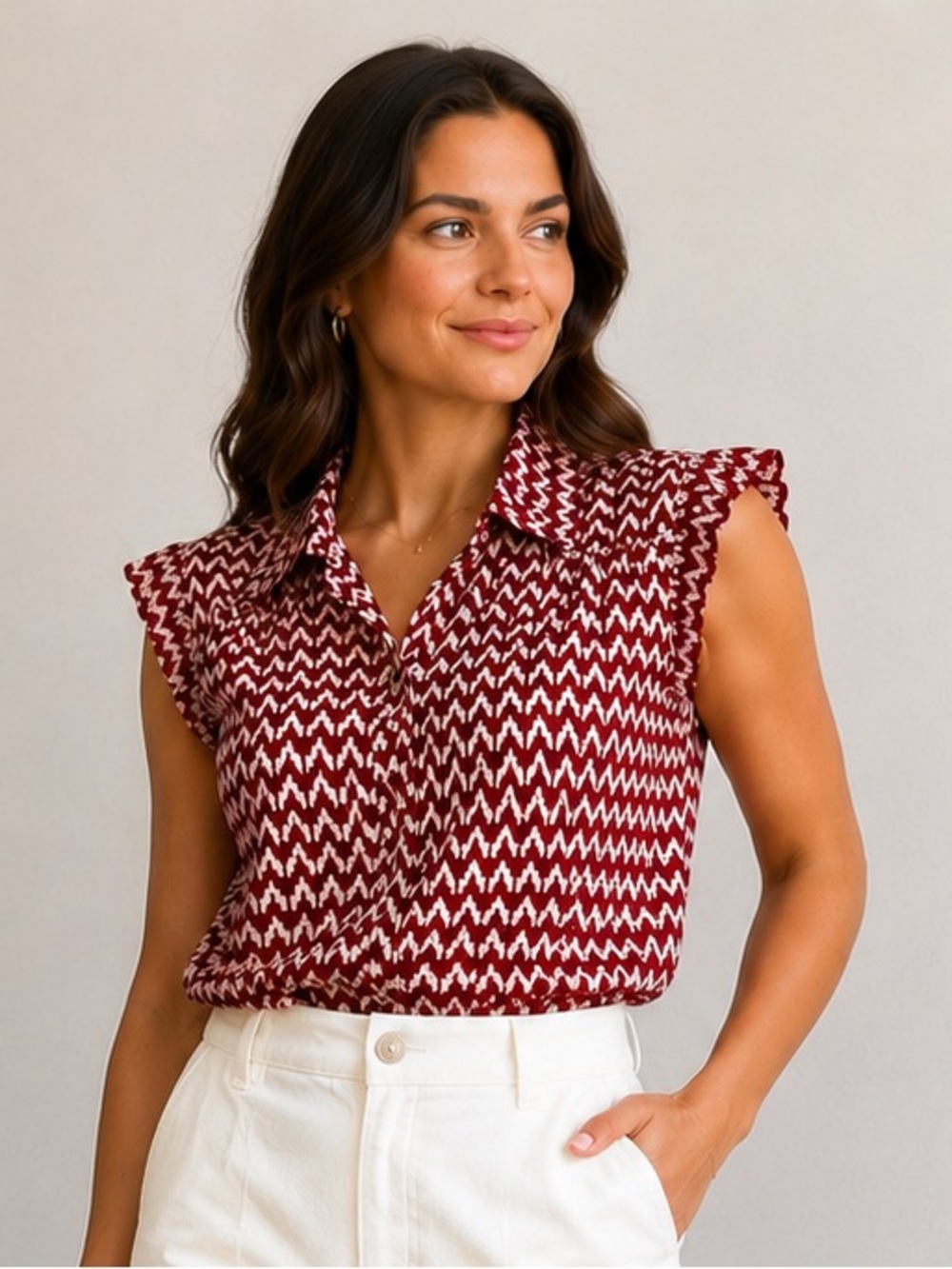 JACHS Girlfriend Red White Printed Sleeveless Button Up Blouse Women’s Medium